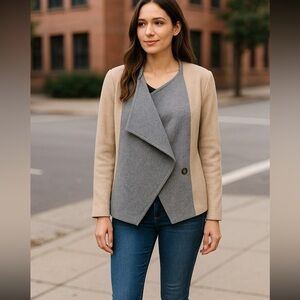 Lucky Brand Wool Blend Two-Tone Gray Beige Open Front Coat Jacket Women’s Size M